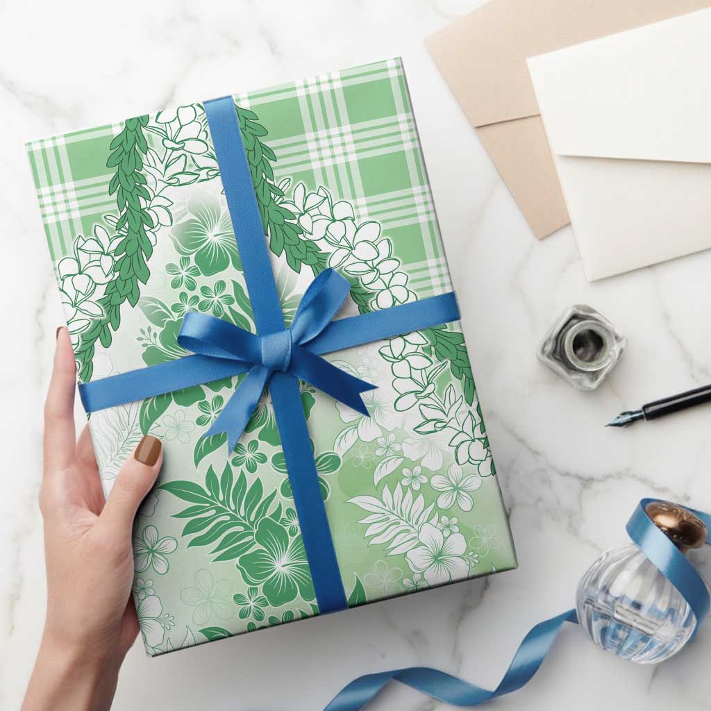 Aloha Hawaii Palaka Wrapping Paper Green Plumeria Lei