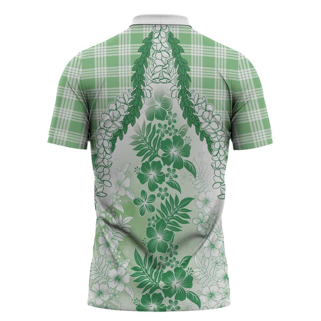 Aloha Hawaii Palaka Zipper Polo Shirt Green Plumeria Lei - Polynesian Pride