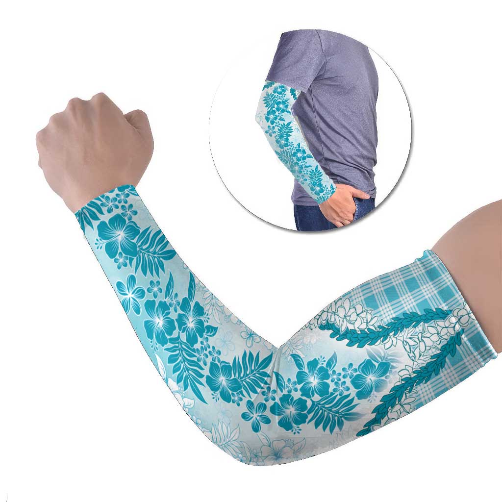 Aloha Hawaii Palaka Arm Sleeves Blue Plumeria Lei - Polynesian Pride