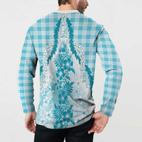 Aloha Hawaii Palaka Button Sweatshirt Blue Plumeria Lei - Polynesian Pride