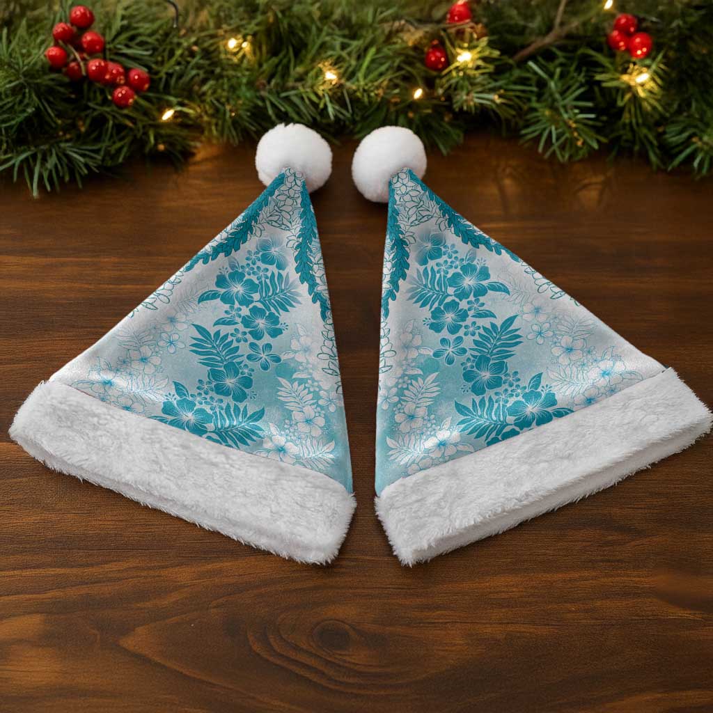 Aloha Hawaii Palaka Christmas Santa Hat Blue Plumeria Lei - Polynesian Pride