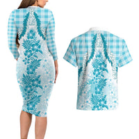 Aloha Hawaii Palaka Couples Matching Long Sleeve Bodycon Dress and Hawaiian Shirt Blue Plumeria Lei LT05 - Polynesian Pride