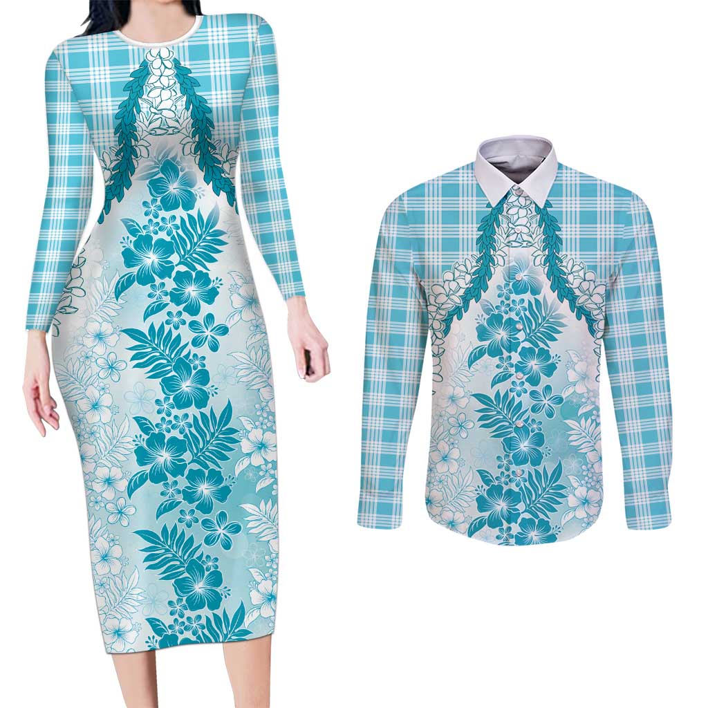 Aloha Hawaii Palaka Couples Matching Long Sleeve Bodycon Dress and Long Sleeve Button Shirt Blue Plumeria Lei LT05 Blue - Polynesian Pride