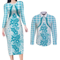 Aloha Hawaii Palaka Couples Matching Long Sleeve Bodycon Dress and Long Sleeve Button Shirt Blue Plumeria Lei LT05 Blue - Polynesian Pride