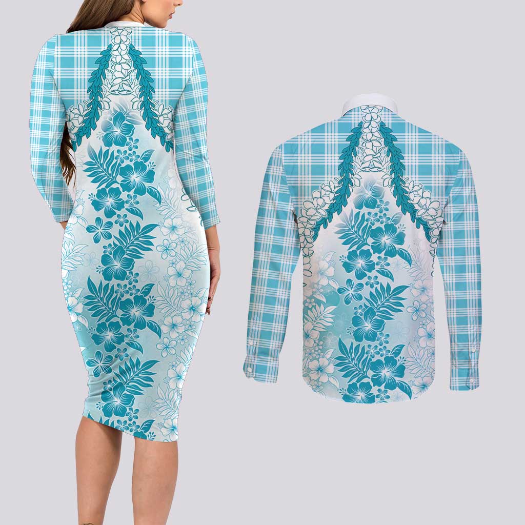 Aloha Hawaii Palaka Couples Matching Long Sleeve Bodycon Dress and Long Sleeve Button Shirt Blue Plumeria Lei LT05 - Polynesian Pride