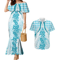 Aloha Hawaii Palaka Couples Matching Mermaid Dress and Hawaiian Shirt Blue Plumeria Lei LT05 Blue - Polynesian Pride
