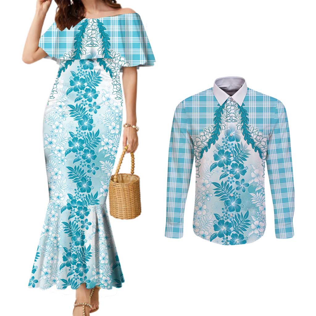Aloha Hawaii Palaka Couples Matching Mermaid Dress and Long Sleeve Button Shirt Blue Plumeria Lei - Polynesian Pride