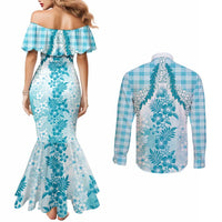 Aloha Hawaii Palaka Couples Matching Mermaid Dress and Long Sleeve Button Shirt Blue Plumeria Lei LT05 - Polynesian Pride