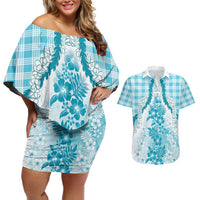 Aloha Hawaii Palaka Couples Matching Off Shoulder Short Dress and Hawaiian Shirt Blue Plumeria Lei LT05 Blue - Polynesian Pride