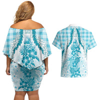 Aloha Hawaii Palaka Couples Matching Off Shoulder Short Dress and Hawaiian Shirt Blue Plumeria Lei LT05 - Polynesian Pride