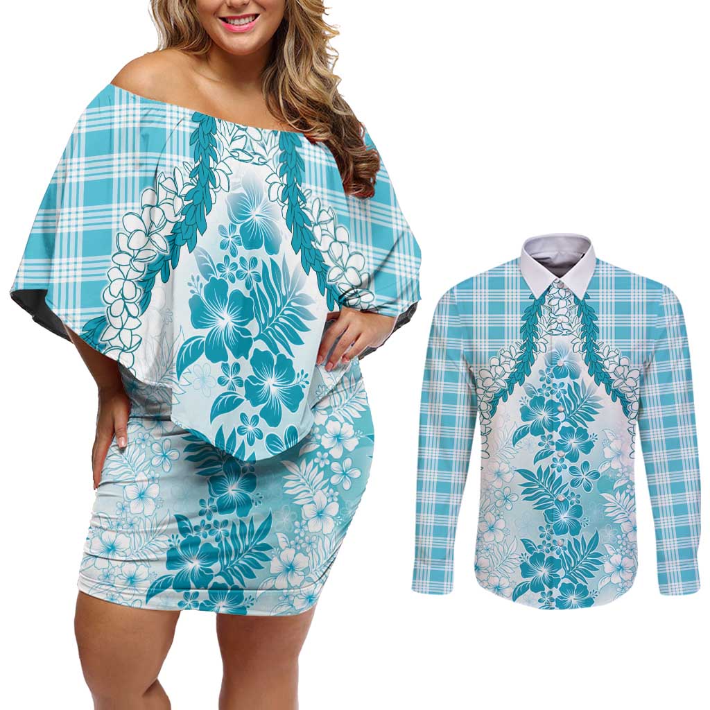 Aloha Hawaii Palaka Couples Matching Off Shoulder Short Dress and Long Sleeve Button Shirt Blue Plumeria Lei LT05 Blue - Polynesian Pride