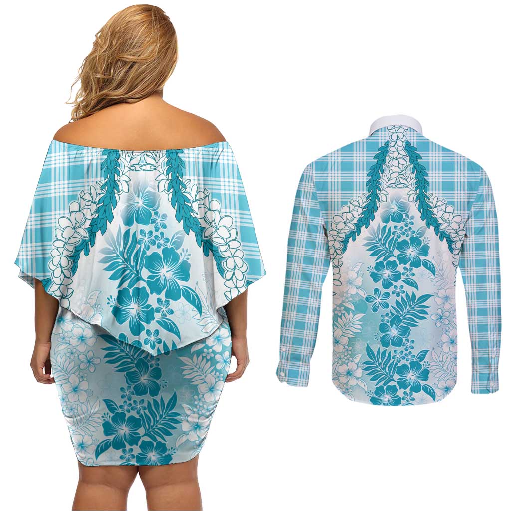 Aloha Hawaii Palaka Couples Matching Off Shoulder Short Dress and Long Sleeve Button Shirt Blue Plumeria Lei LT05 - Polynesian Pride