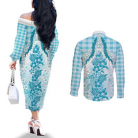 Aloha Hawaii Palaka Couples Matching Off The Shoulder Long Sleeve Dress and Long Sleeve Button Shirt Blue Plumeria Lei LT05 - Polynesian Pride