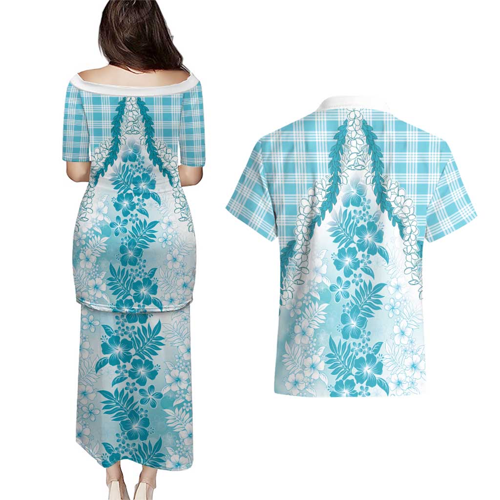 Aloha Hawaii Palaka Couples Matching Puletasi and Hawaiian Shirt Blue Plumeria Lei - Polynesian Pride