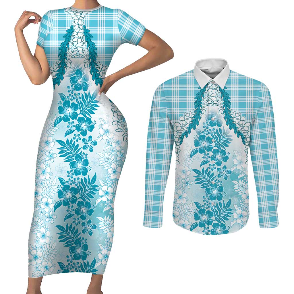 Aloha Hawaii Palaka Couples Matching Short Sleeve Bodycon Dress and Long Sleeve Button Shirt Blue Plumeria Lei LT05 Blue - Polynesian Pride