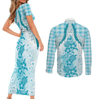 Aloha Hawaii Palaka Couples Matching Short Sleeve Bodycon Dress and Long Sleeve Button Shirt Blue Plumeria Lei LT05 - Polynesian Pride
