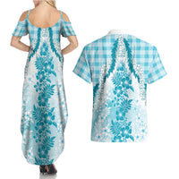 Aloha Hawaii Palaka Couples Matching Summer Maxi Dress and Hawaiian Shirt Blue Plumeria Lei LT05 - Polynesian Pride