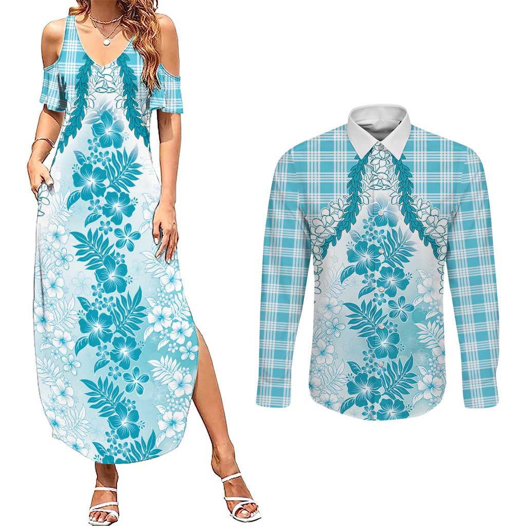 Aloha Hawaii Palaka Couples Matching Summer Maxi Dress and Long Sleeve Button Shirt Blue Plumeria Lei - Polynesian Pride
