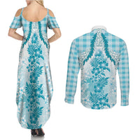 Aloha Hawaii Palaka Couples Matching Summer Maxi Dress and Long Sleeve Button Shirt Blue Plumeria Lei - Polynesian Pride