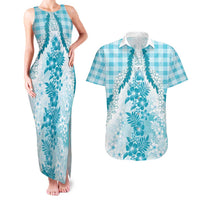Aloha Hawaii Palaka Couples Matching Tank Maxi Dress and Hawaiian Shirt Blue Plumeria Lei LT05 Blue - Polynesian Pride