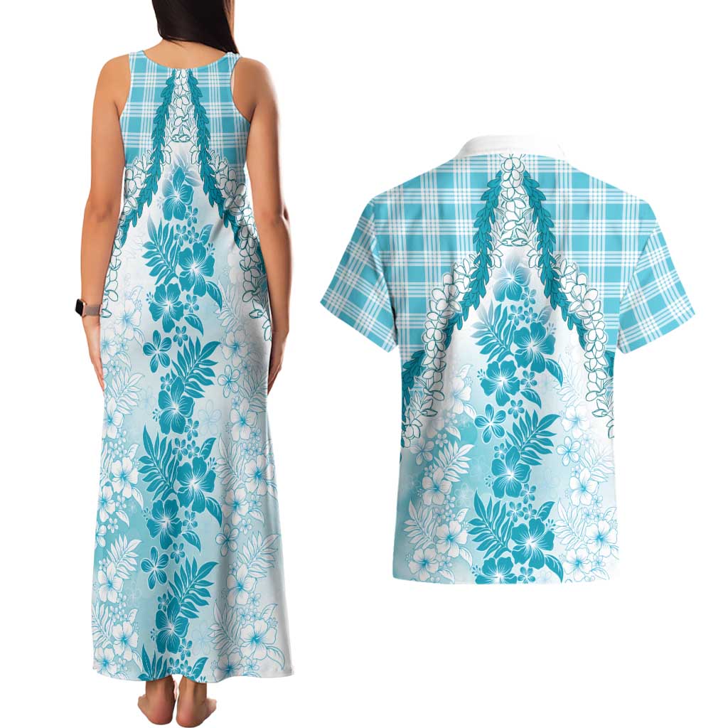 Aloha Hawaii Palaka Couples Matching Tank Maxi Dress and Hawaiian Shirt Blue Plumeria Lei LT05 - Polynesian Pride