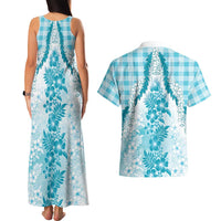 Aloha Hawaii Palaka Couples Matching Tank Maxi Dress and Hawaiian Shirt Blue Plumeria Lei LT05 - Polynesian Pride