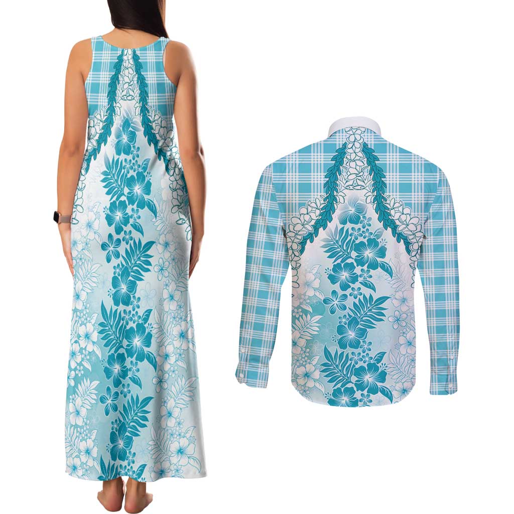 Aloha Hawaii Palaka Couples Matching Tank Maxi Dress and Long Sleeve Button Shirt Blue Plumeria Lei LT05 - Polynesian Pride