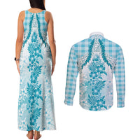 Aloha Hawaii Palaka Couples Matching Tank Maxi Dress and Long Sleeve Button Shirt Blue Plumeria Lei LT05 - Polynesian Pride