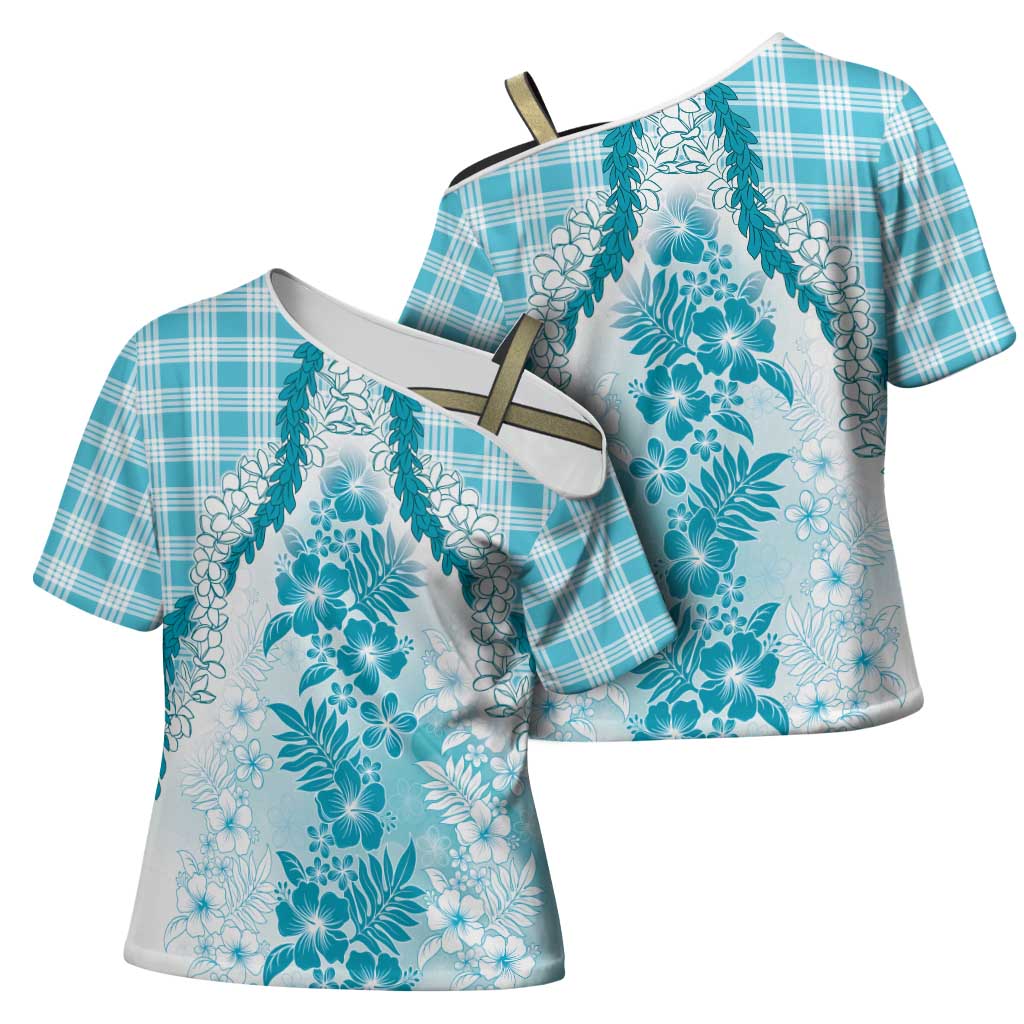 Aloha Hawaii Palaka Cross Shoulder Shirt Blue Plumeria Lei - Polynesian Pride