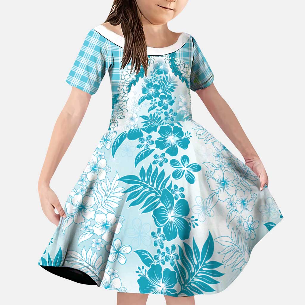 Aloha Hawaii Palaka Family Matching Long Sleeve Bodycon Dress and Hawaiian Shirt Blue Plumeria Lei LT05 Daughter's Dress Blue - Polynesian Pride