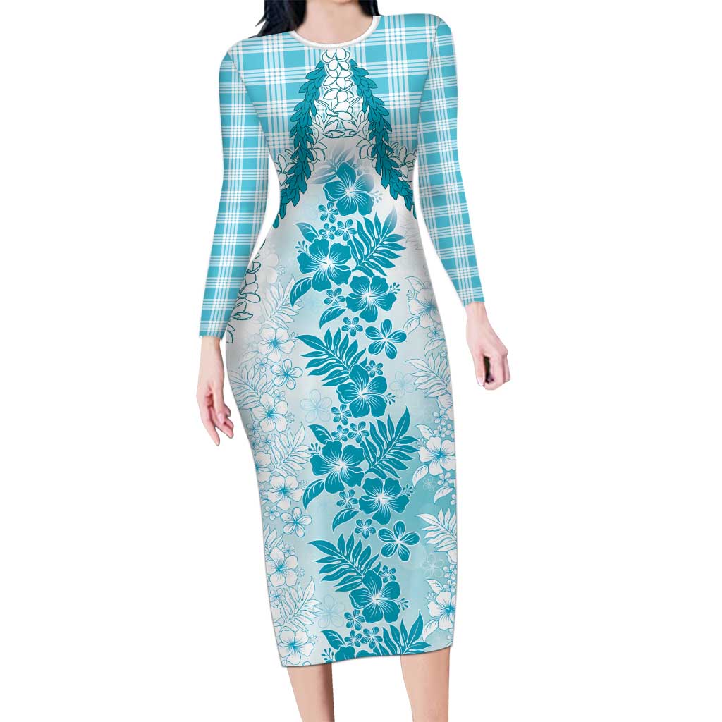 Aloha Hawaii Palaka Family Matching Long Sleeve Bodycon Dress and Hawaiian Shirt Blue Plumeria Lei LT05 Mom's Dress Blue - Polynesian Pride