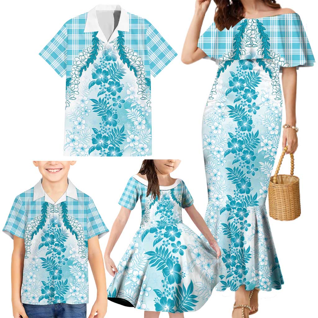 Aloha Hawaii Palaka Family Matching Mermaid Dress and Hawaiian Shirt Blue Plumeria Lei LT05 - Polynesian Pride