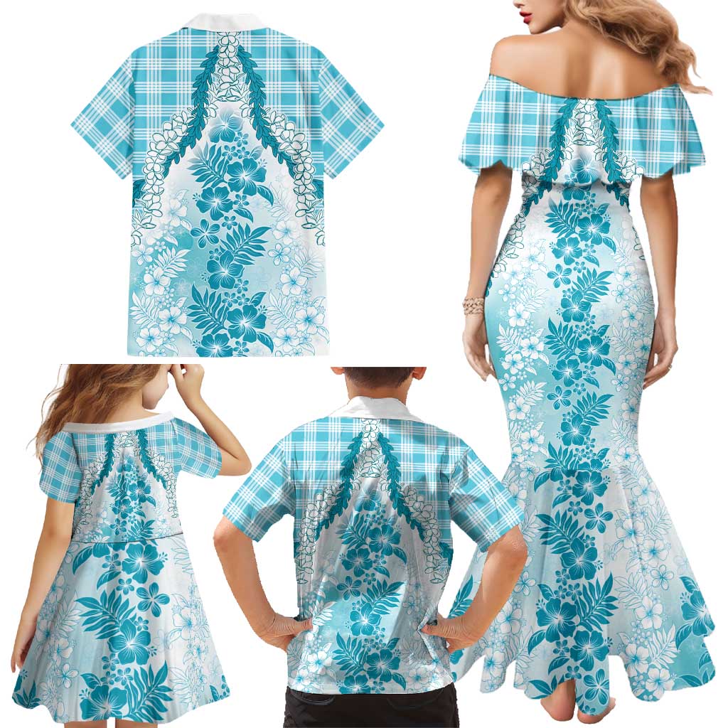 Aloha Hawaii Palaka Family Matching Mermaid Dress and Hawaiian Shirt Blue Plumeria Lei LT05 - Polynesian Pride