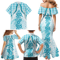 Aloha Hawaii Palaka Family Matching Mermaid Dress and Hawaiian Shirt Blue Plumeria Lei LT05 - Polynesian Pride
