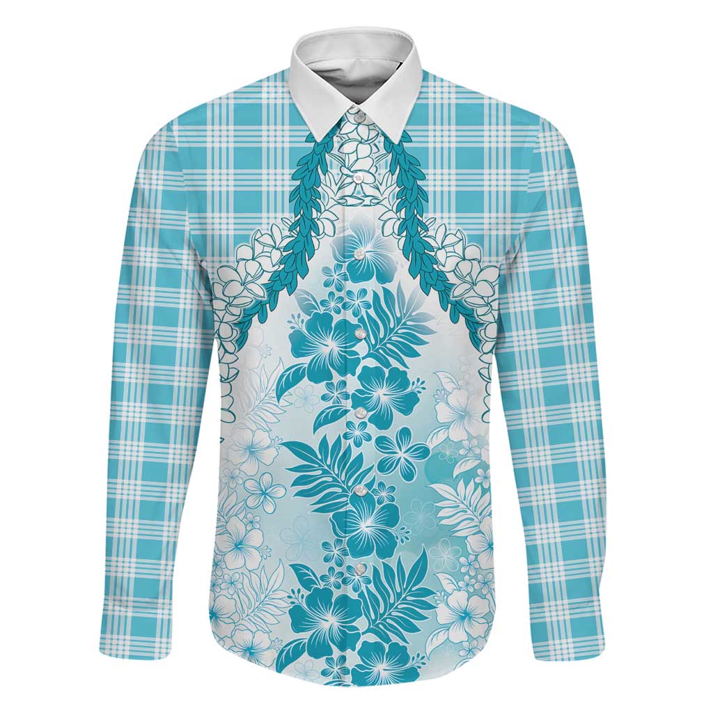 Aloha Hawaii Palaka Family Matching Mermaid Dress and Hawaiian Shirt Blue Plumeria Lei LT05 Dad's Shirt - Long Sleeve Blue - Polynesian Pride