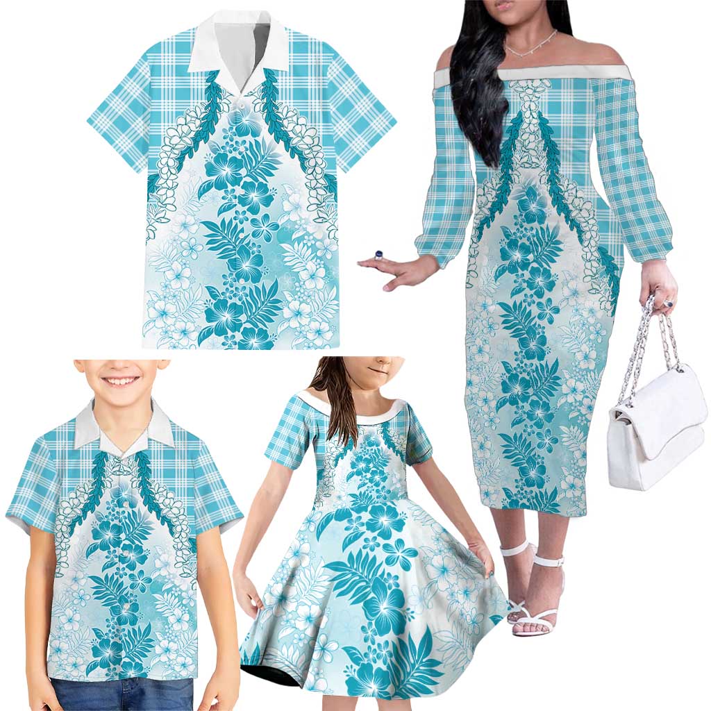 Aloha Hawaii Palaka Family Matching Off The Shoulder Long Sleeve Dress and Hawaiian Shirt Blue Plumeria Lei LT05 - Polynesian Pride