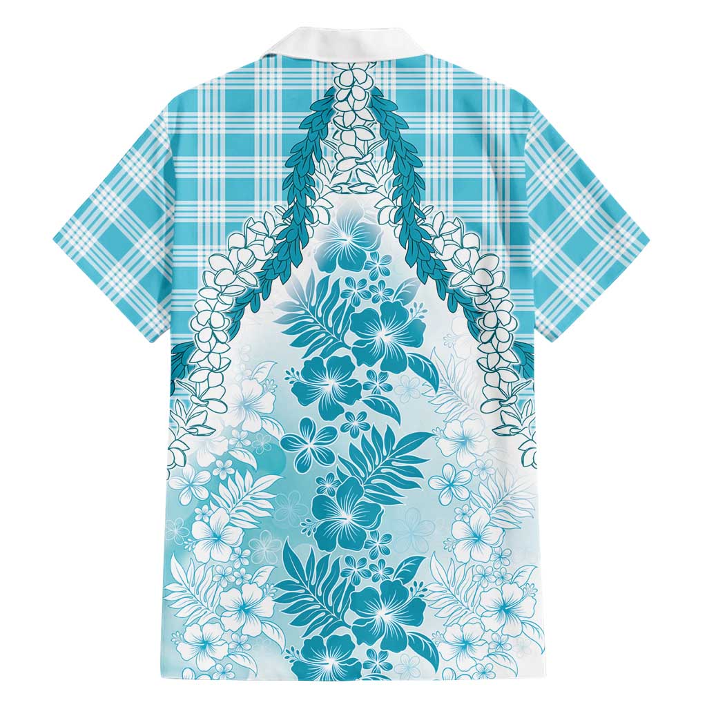 Aloha Hawaii Palaka Family Matching Off The Shoulder Long Sleeve Dress and Hawaiian Shirt Blue Plumeria Lei LT05 - Polynesian Pride