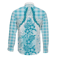 Aloha Hawaii Palaka Family Matching Off The Shoulder Long Sleeve Dress and Hawaiian Shirt Blue Plumeria Lei LT05 - Polynesian Pride