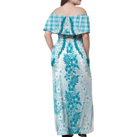 Aloha Hawaii Palaka Family Matching Off Shoulder Maxi Dress and Hawaiian Shirt Blue Plumeria Lei LT05 - Polynesian Pride