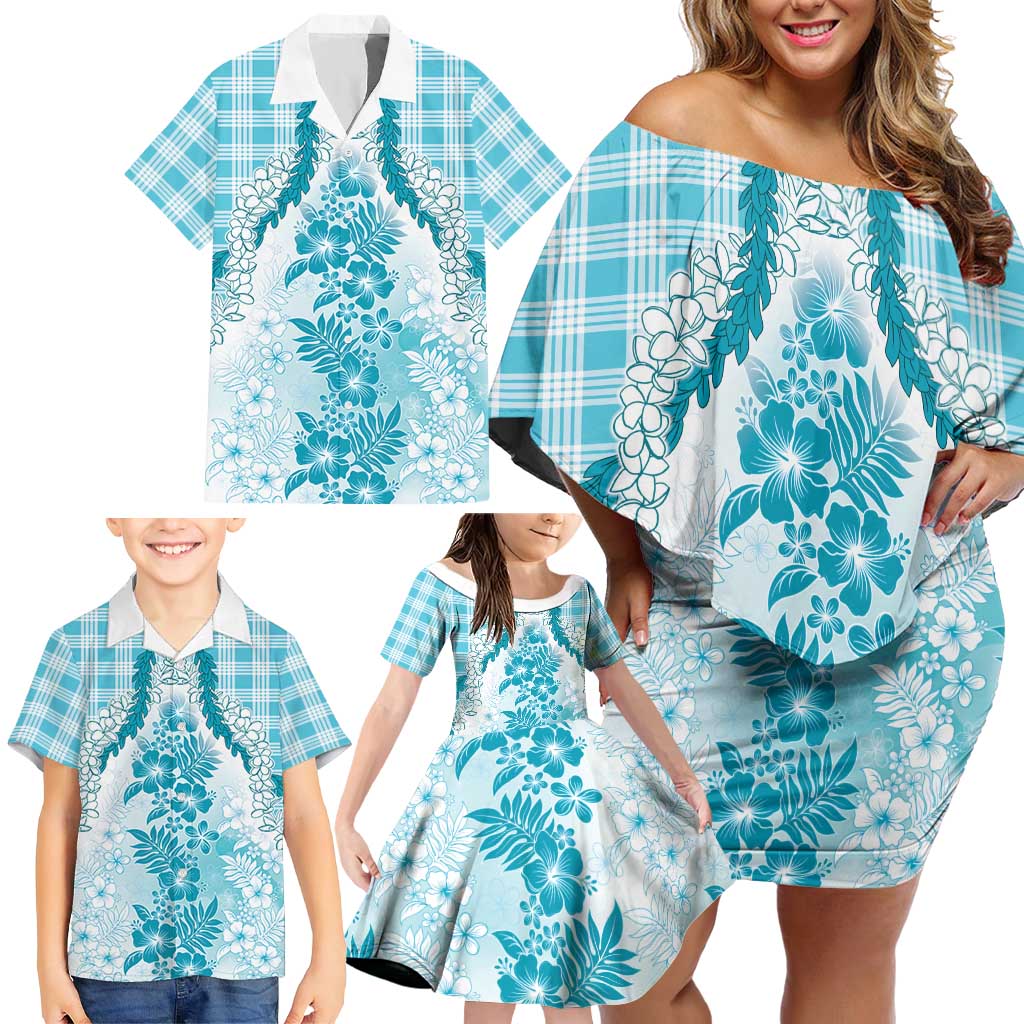 Aloha Hawaii Palaka Family Matching Off Shoulder Short Dress and Hawaiian Shirt Blue Plumeria Lei - Polynesian Pride
