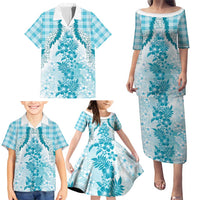 Aloha Hawaii Palaka Family Matching Puletasi and Hawaiian Shirt Blue Plumeria Lei LT05 - Polynesian Pride