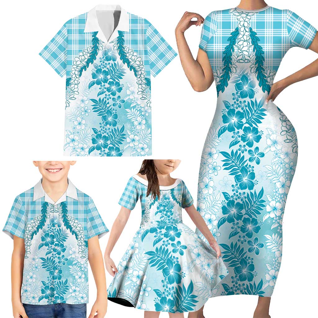 Aloha Hawaii Palaka Family Matching Short Sleeve Bodycon Dress and Hawaiian Shirt Blue Plumeria Lei LT05 - Polynesian Pride