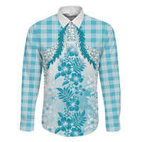 Aloha Hawaii Palaka Family Matching Short Sleeve Bodycon Dress and Hawaiian Shirt Blue Plumeria Lei LT05 Dad's Shirt - Long Sleeve Blue - Polynesian Pride