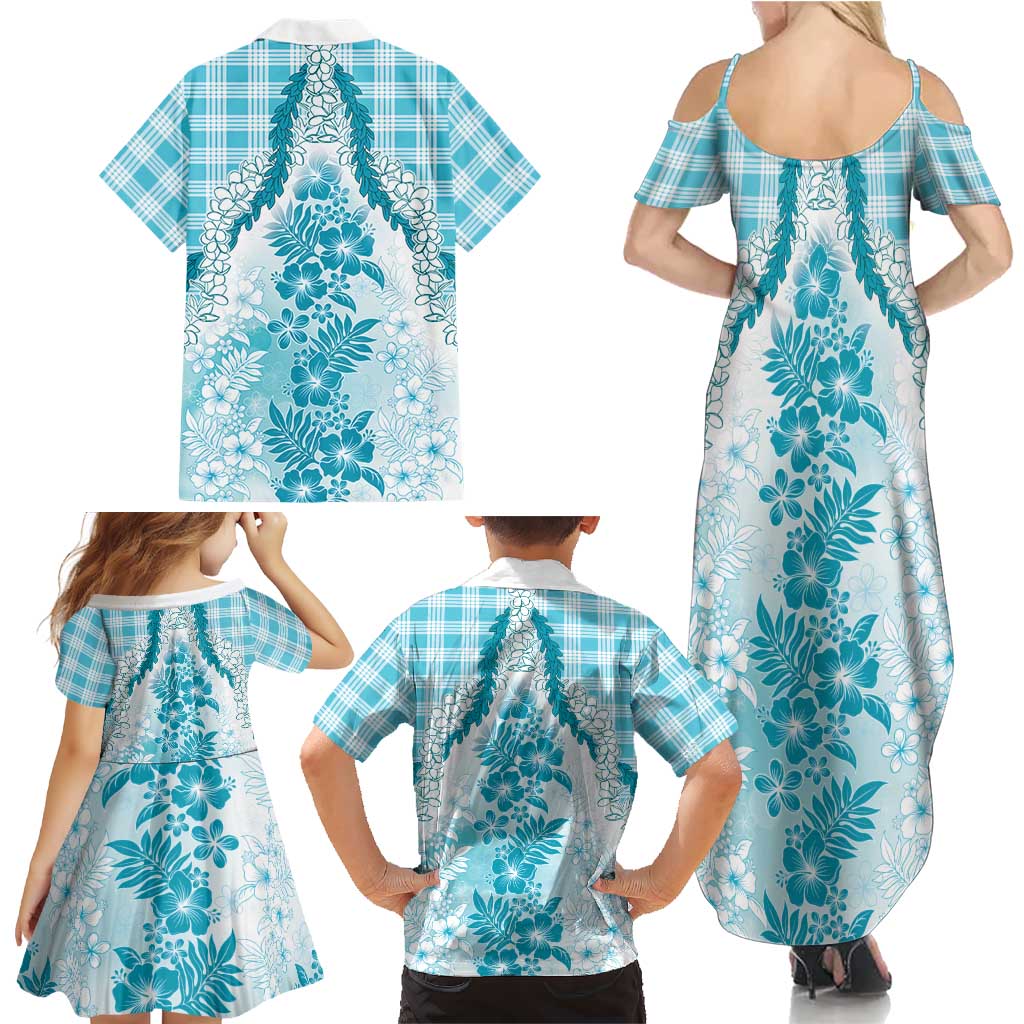 Aloha Hawaii Palaka Family Matching Summer Maxi Dress and Hawaiian Shirt Blue Plumeria Lei LT05 - Polynesian Pride
