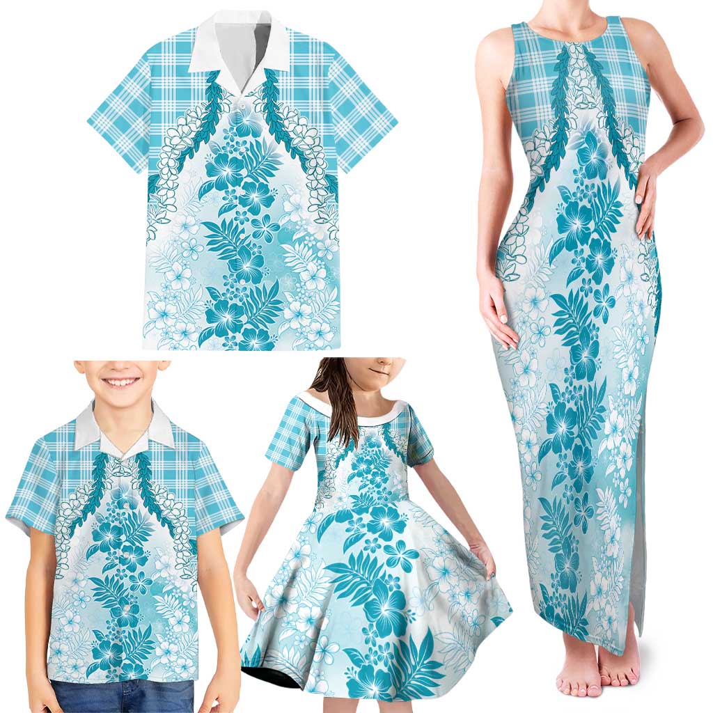 Aloha Hawaii Palaka Family Matching Tank Maxi Dress and Hawaiian Shirt Blue Plumeria Lei LT05 - Polynesian Pride