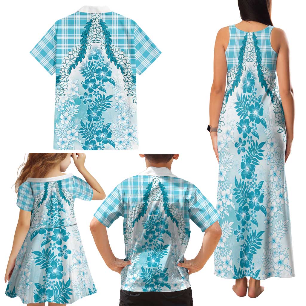 Aloha Hawaii Palaka Family Matching Tank Maxi Dress and Hawaiian Shirt Blue Plumeria Lei LT05 - Polynesian Pride