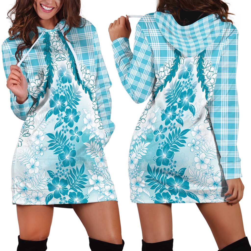 Aloha Hawaii Palaka Hoodie Dress Blue Plumeria Lei - Polynesian Pride