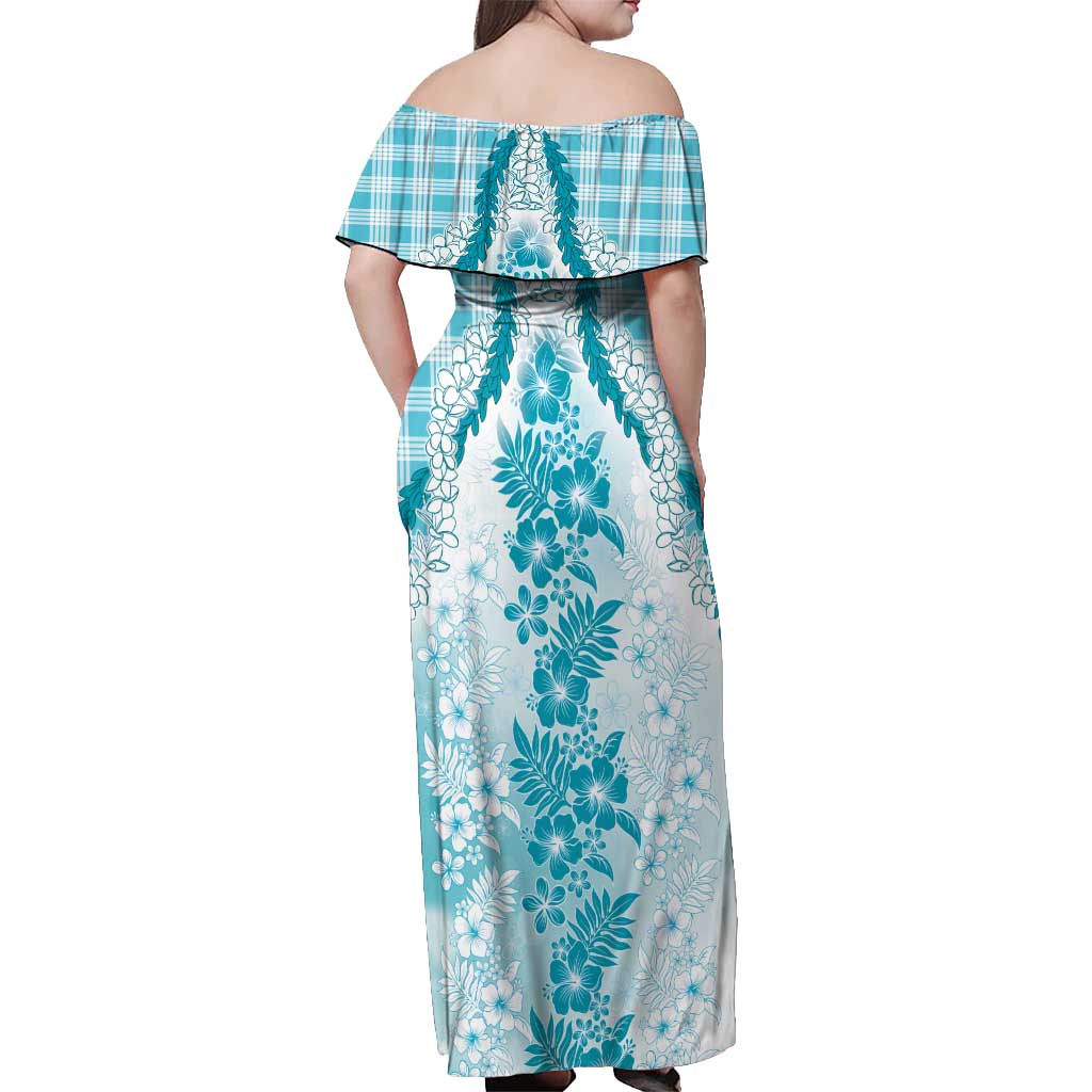 Aloha Hawaii Palaka Off Shoulder Maxi Dress Blue Plumeria Lei - Polynesian Pride