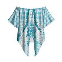 Aloha Hawaii Palaka Off Shoulder Wrap Waist Top Blue Plumeria Lei LT05 Blue - Polynesian Pride
