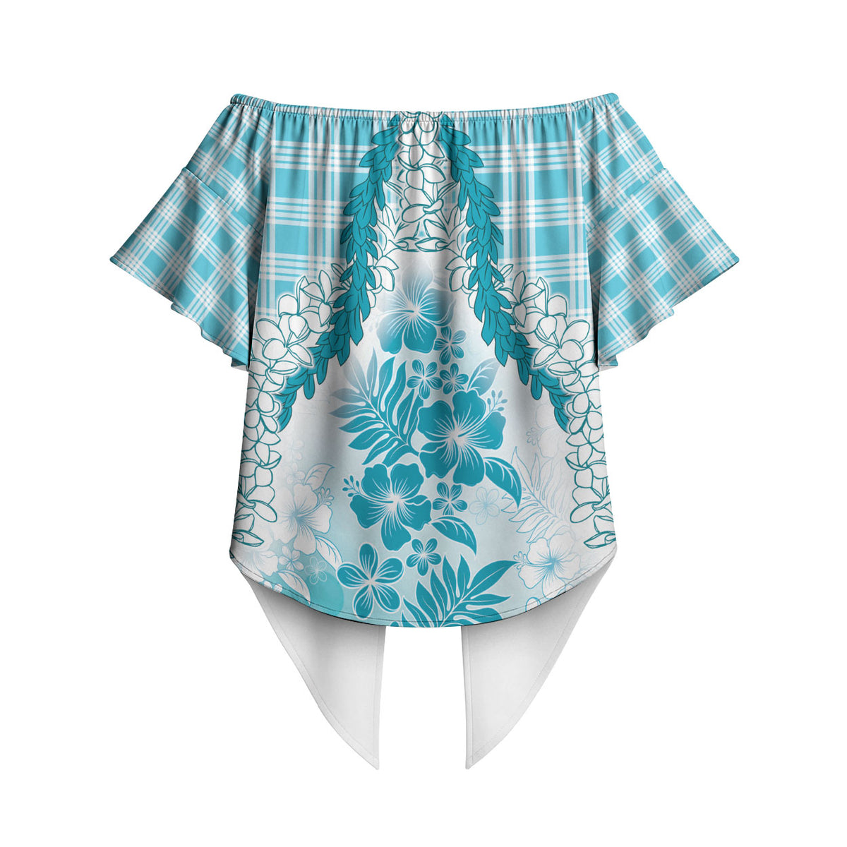 Aloha Hawaii Palaka Off Shoulder Wrap Waist Top Blue Plumeria Lei LT05 - Polynesian Pride